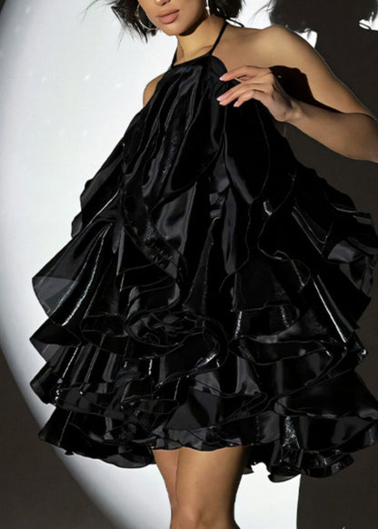 Chic Black Ruffled Patchwork Chiffon Mini Dress Summer