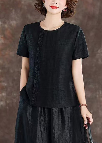 Chic Black Ruffled Patchwork Silk Tops Short Sleeve