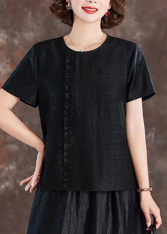 Chic Black Ruffled Patchwork Silk Tops Short Sleeve