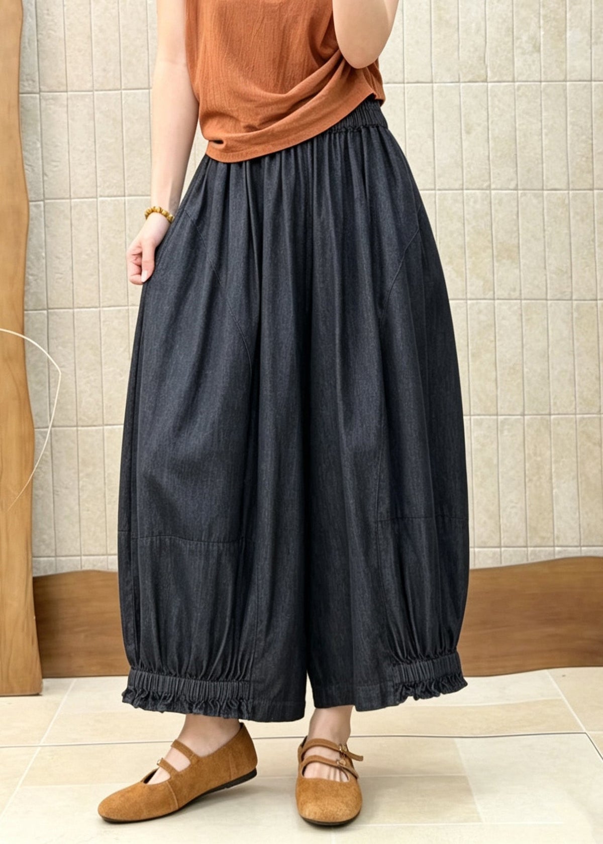 Chic Black Ruffled Pockets Patchwork Elastic Waist Denim Pants Fall