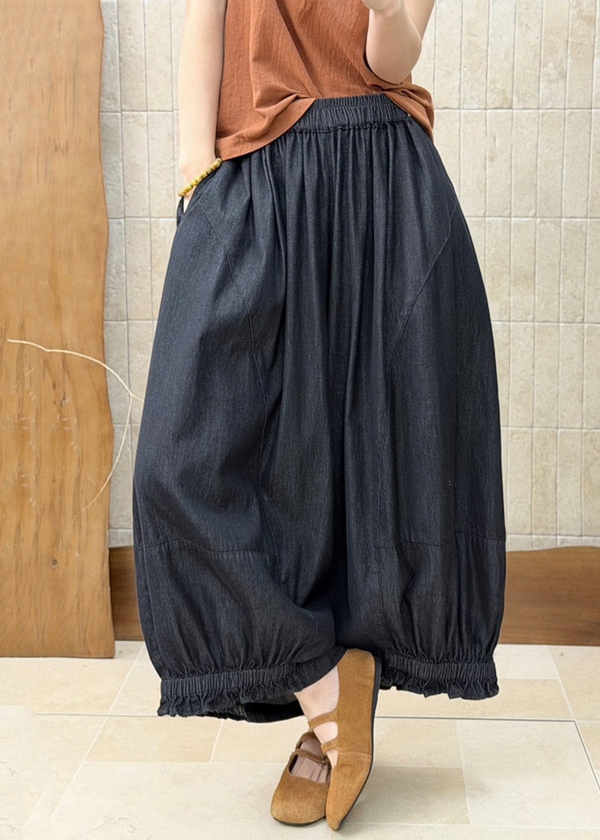 Chic Black Ruffled Pockets Patchwork Elastic Waist Denim Pants Fall