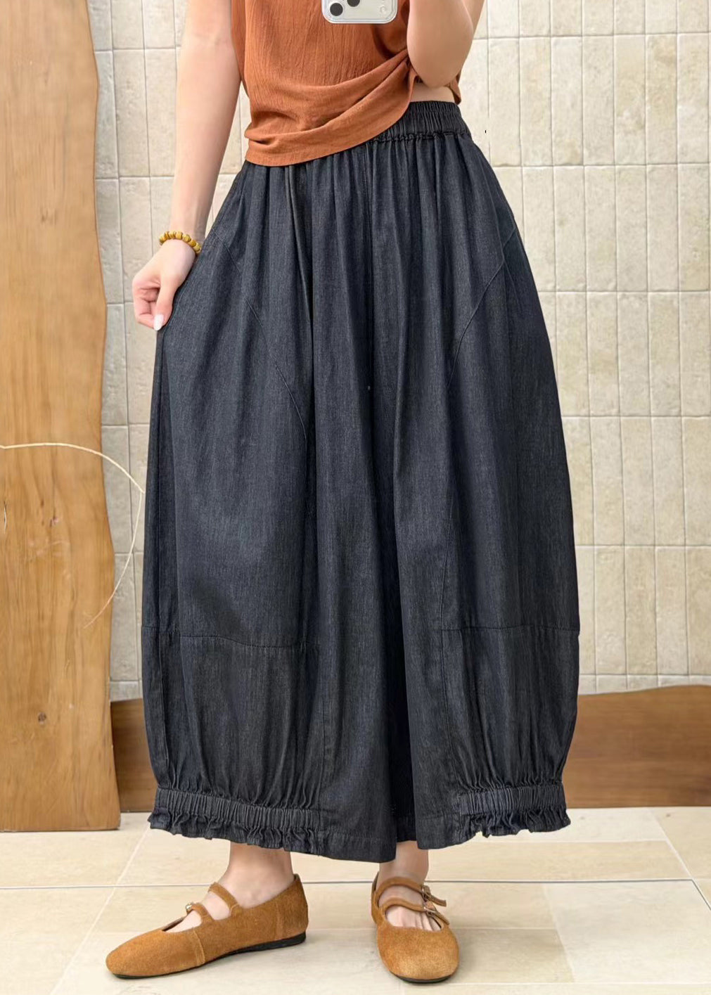 Chic Black Ruffled Pockets Patchwork Elastic Waist Denim Pants Fall