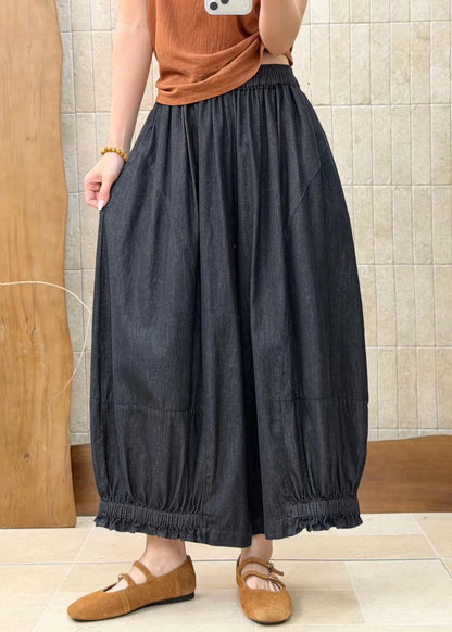 Chic Black Ruffled Pockets Patchwork Elastic Waist Denim Pants Fall