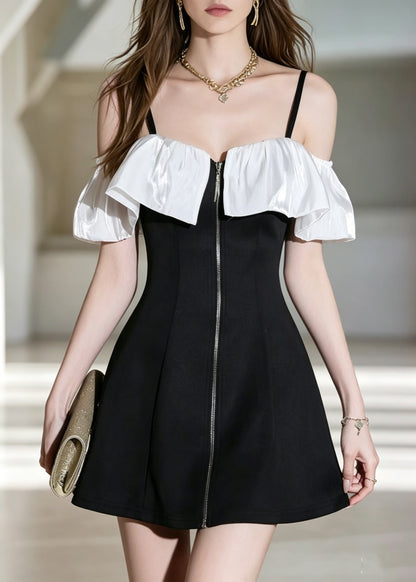 Chic Black Ruffles Patchwork Cotton Spaghetti Strap Dress Summer