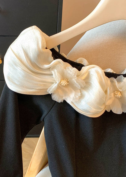 Chic Black Slash Neck Floral Patchwork Cotton T Shirt Fall