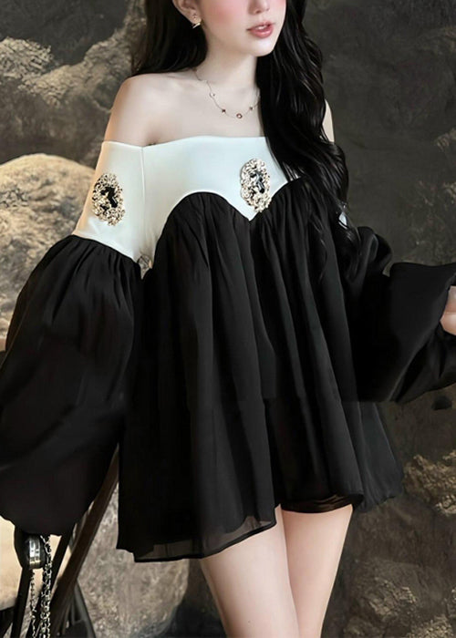 Chic Black Slash Neck Patchwork Chiffon Mid Dress Lantern Sleeve