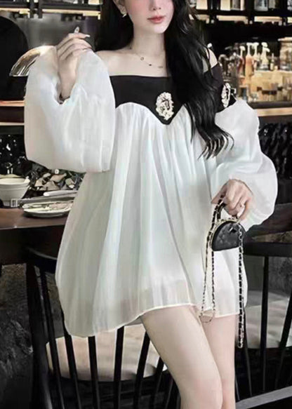 Chic Black Slash Neck Patchwork Chiffon Mid Dress Lantern Sleeve