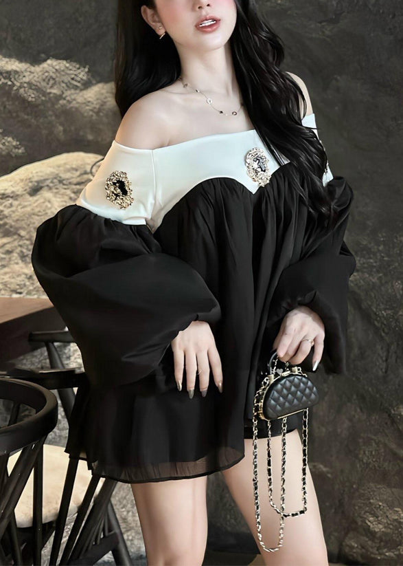 Chic Black Slash Neck Patchwork Chiffon Mid Dress Lantern Sleeve