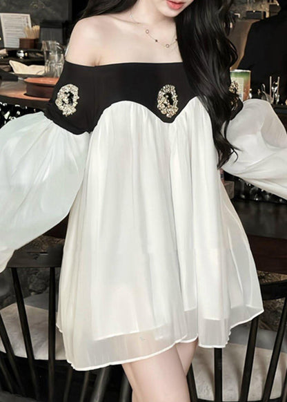 Chic Black Slash Neck Patchwork Chiffon Mid Dress Lantern Sleeve