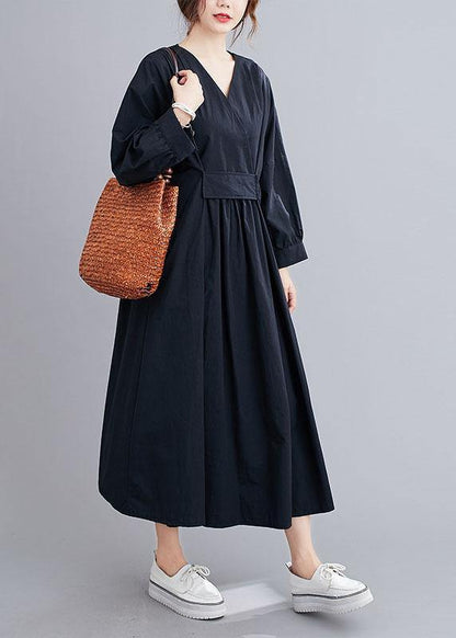 Chic Black Slim Fit V Neck Pockets Fall Long Dresses Long Sleeve - SooLinen