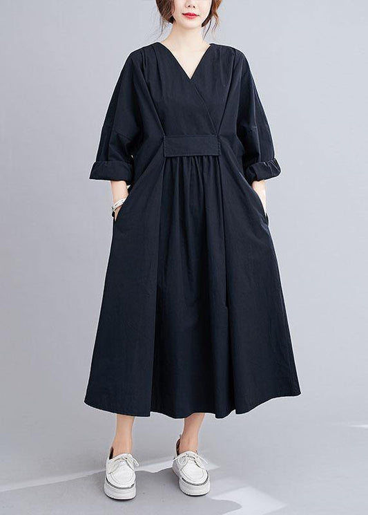 Chic Black Slim Fit V Neck Pockets Fall Long Dresses Long Sleeve - SooLinen