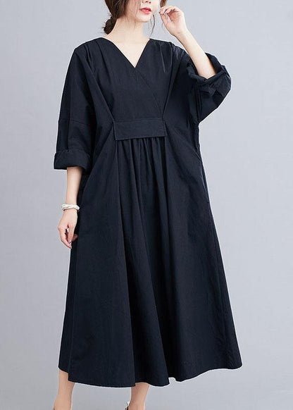 Chic Black Slim Fit V Neck Pockets Fall Long Dresses Long Sleeve - SooLinen