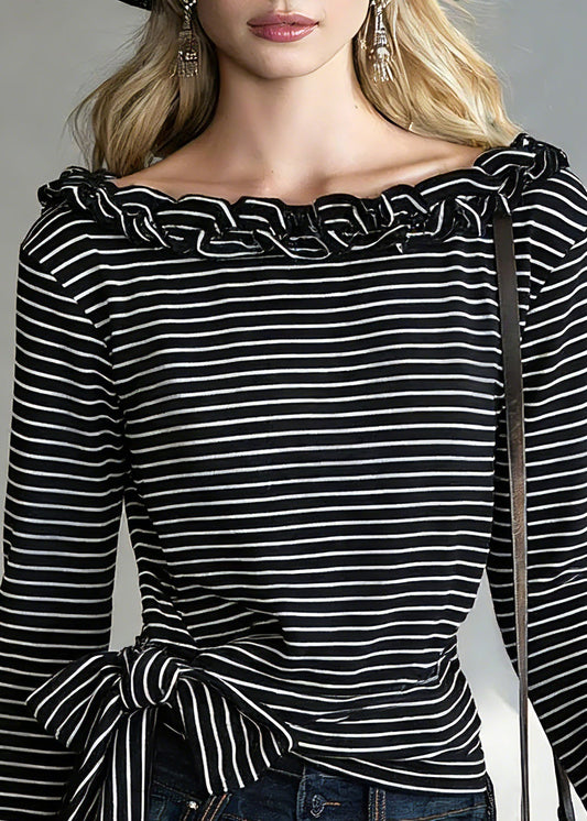 Chic Black Striped Tie Waist T Shirts Spring