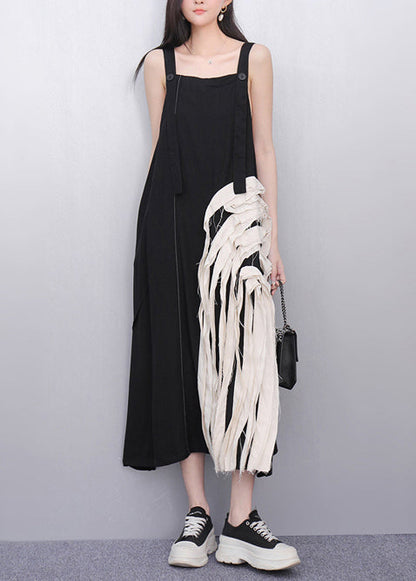 Chic Black Tasseled Patchwork Cotton Sundress Summer