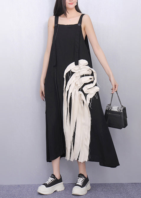 Chic Black Tasseled Patchwork Cotton Sundress Summer