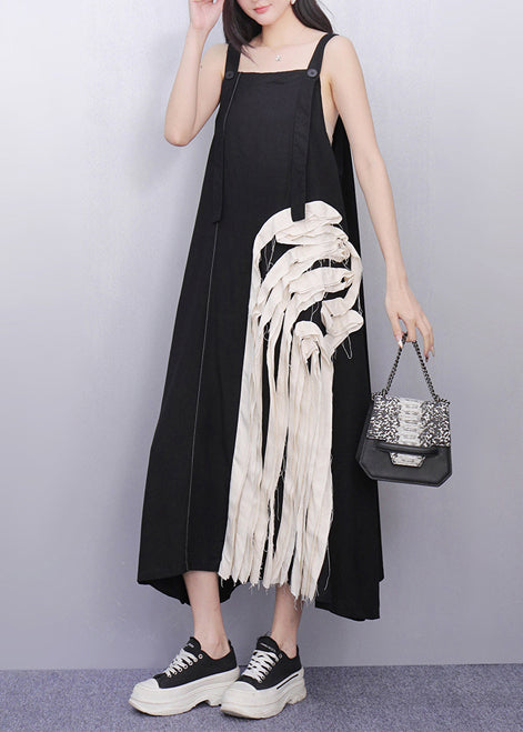 Chic Black Tasseled Patchwork Cotton Sundress Summer