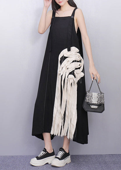 Chic Black Tasseled Patchwork Cotton Sundress Summer