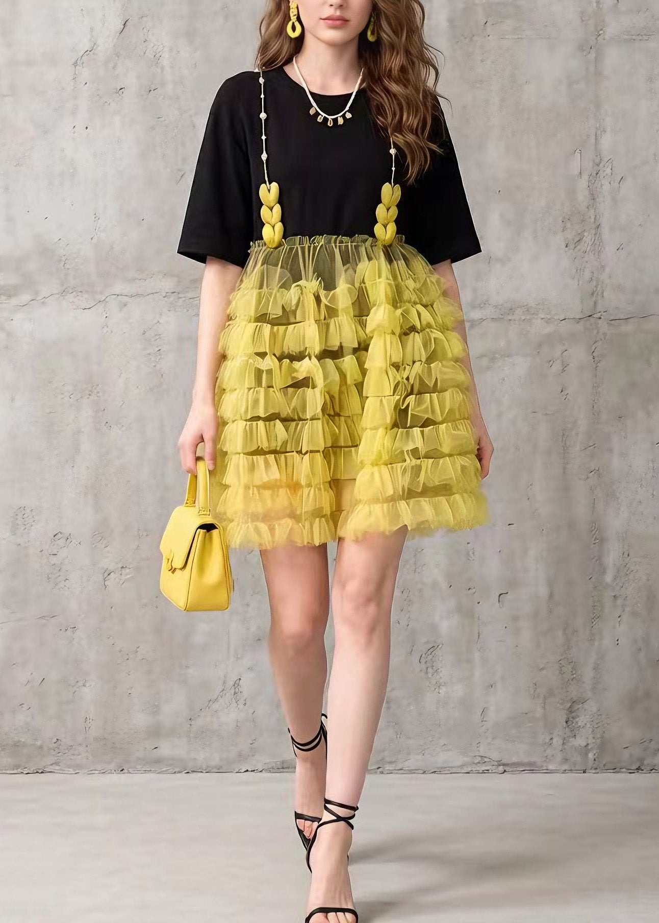 Chic Black Tulle Ruffled Patchwork Cotton Mid Dress Summer