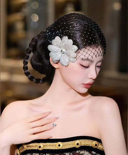 Chic Black Tulle Zircon Floral And HairPiece Two-Piece Set
