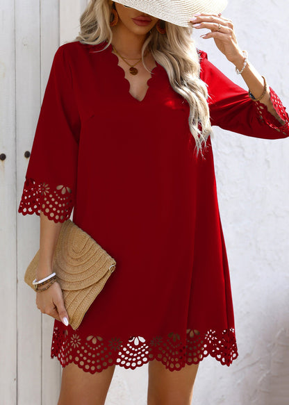 Chic Black V Neck A Line Mid Dresses Half Sleeve