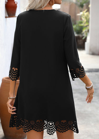 Chic Black V Neck A Line Mid Dresses Half Sleeve