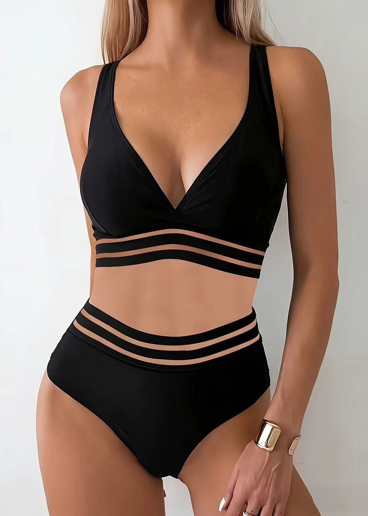 Chic Black V Neck Striped Swimwear Two Piece Sets