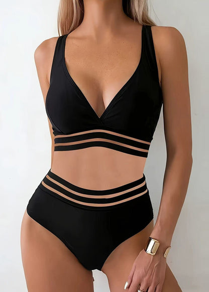 Chic Black V Neck Striped Swimwear Two Piece Sets