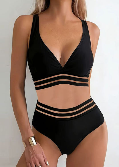 Chic Black V Neck Striped Swimwear Two Piece Sets