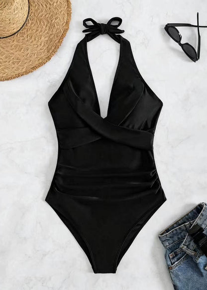 Chic Black V Neck Swimwear Halter Bodysuit