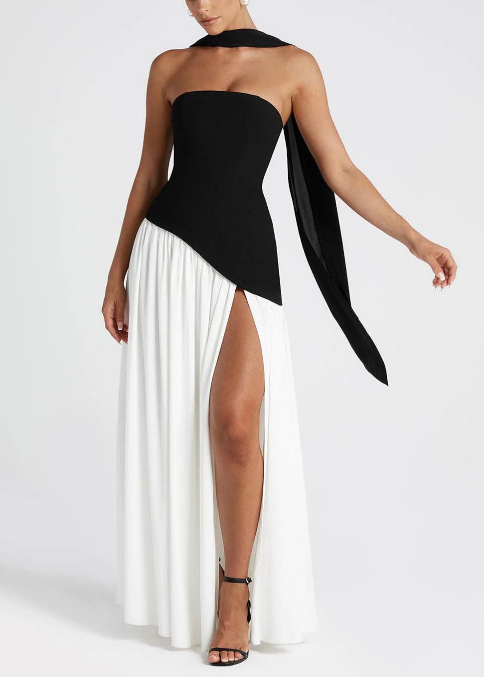 Chic Black White Patchwork Side Open Chiffon Party Dresses