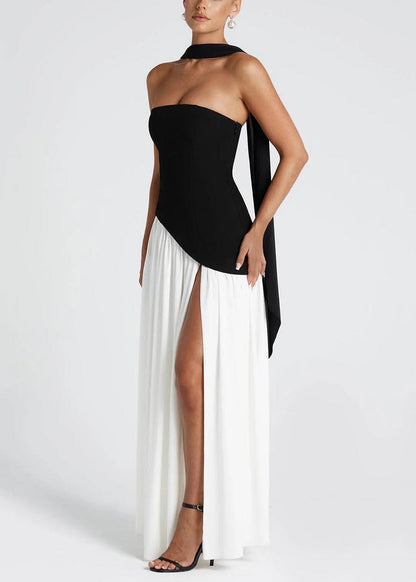 Chic Black White Patchwork Side Open Chiffon Party Dresses
