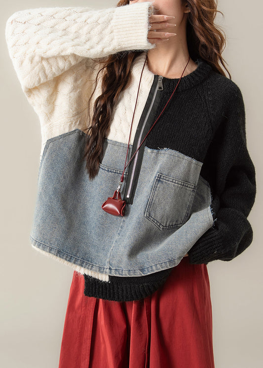 Chic Black Zip Up Denim Patchwork Knit Sweater Spring