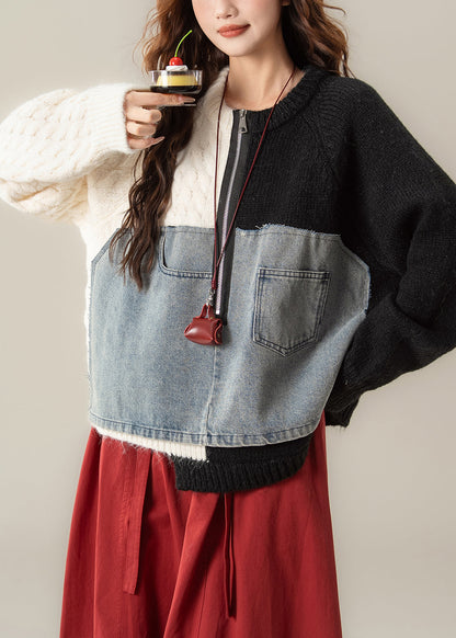 Chic Black Zip Up Denim Patchwork Knit Sweater Spring