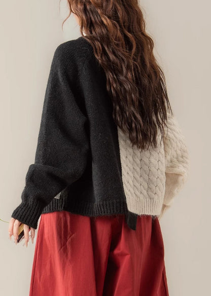 Chic Black Zip Up Denim Patchwork Knit Sweater Spring