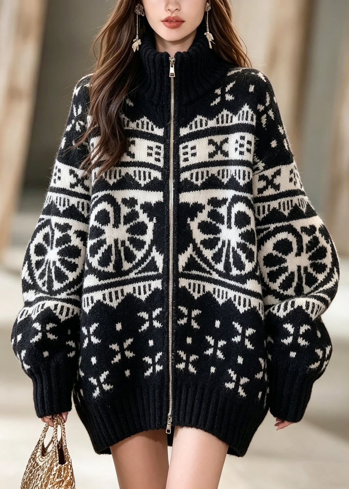 Chic Black Zip Up Geometric Patchwork Thick Knit Coat Fall