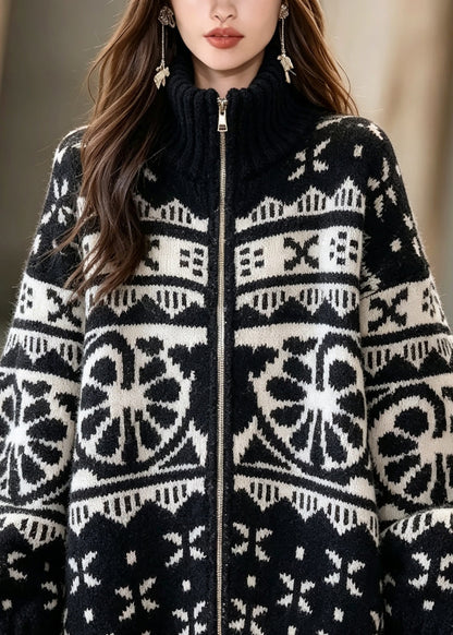 Chic Black Zip Up Geometric Patchwork Thick Knit Coat Fall