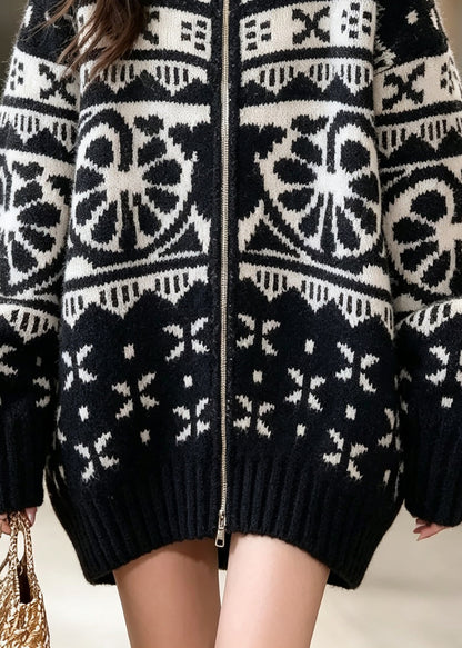Chic Black Zip Up Geometric Patchwork Thick Knit Coat Fall