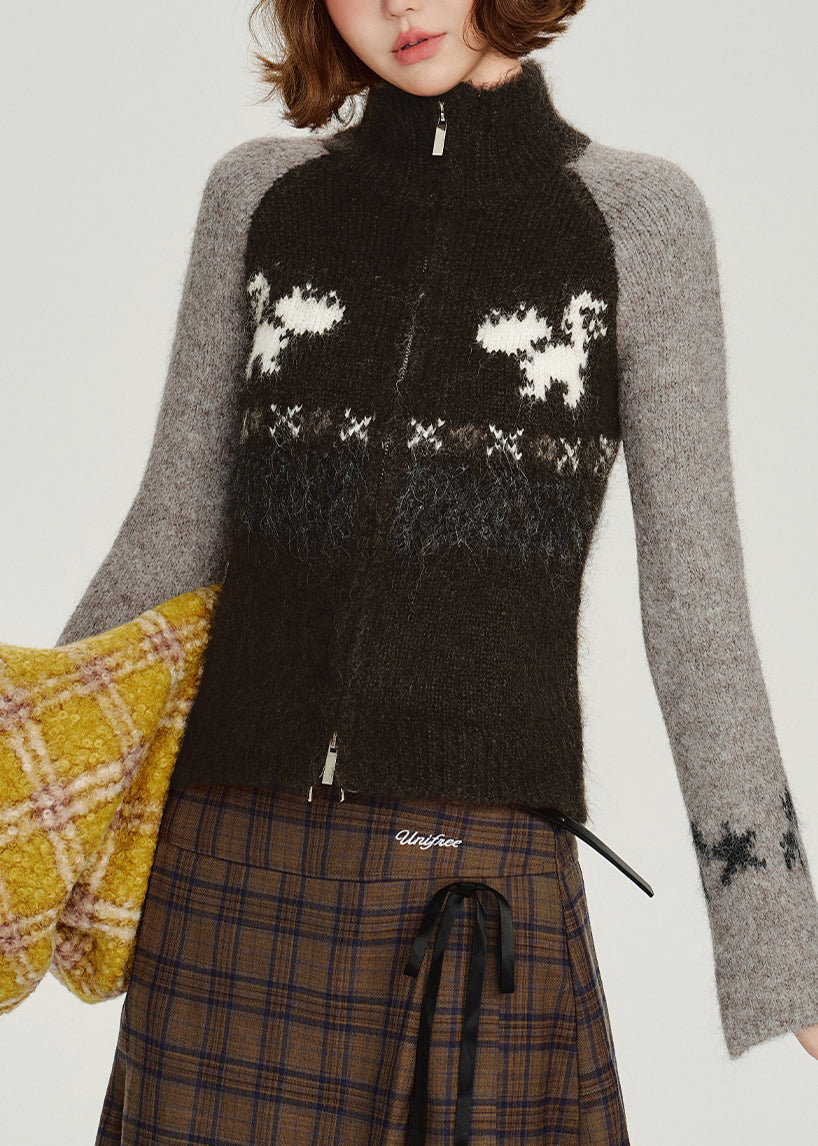 Chic Black Zip Up Patchwork Knit Cardigan Winter