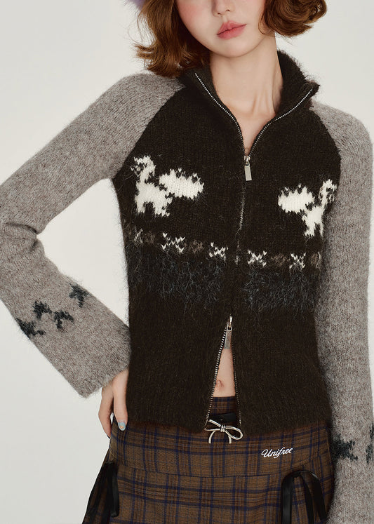 Chic Black Zip Up Patchwork Knit Cardigan Winter