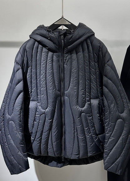 Chic Black Zip Up Pockets Duck Down Down Hooded Coat Winter