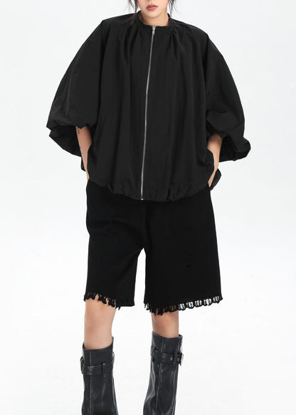Chic Black Zip Up Pockets Patchwork Cotton Jacket Flower Bud Sleeve