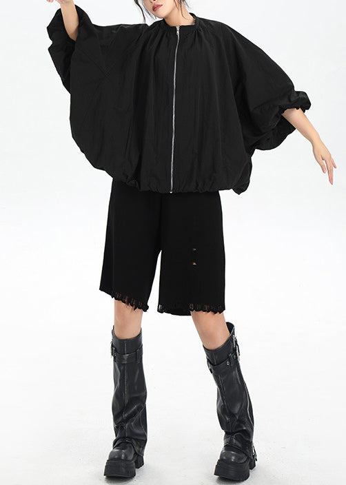 Chic Black Zip Up Pockets Patchwork Cotton Jacket Flower Bud Sleeve