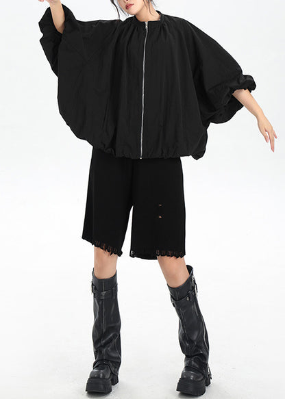 Chic Black Zip Up Pockets Patchwork Cotton Jacket Flower Bud Sleeve
