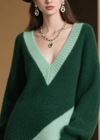 Chic Blackish Green V Neck Patchwork Faux Fur Sweater Dress Winter