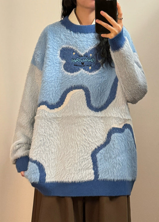 Chic Blue Asymmetrical Fluffy Patchwork Knit Sweaters