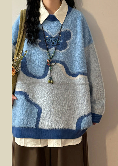 Chic Blue Asymmetrical Fluffy Patchwork Knit Sweaters