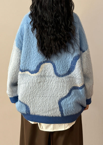 Chic Blue Asymmetrical Fluffy Patchwork Knit Sweaters