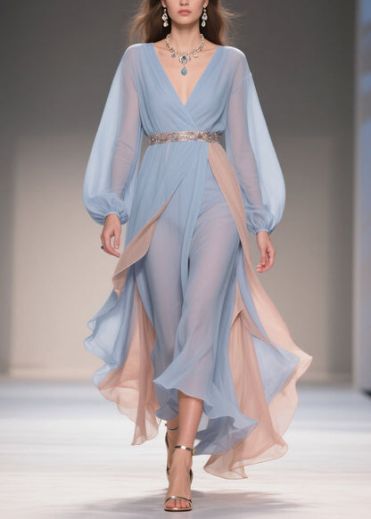 Chic Blue Asymmetrical High Waist Patchwork Chiffon Party Dress