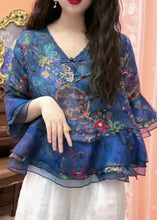 Load image into Gallery viewer, Chic Blue Button Print Tulle Patchwork Blouses Flare Sleeve