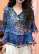 Load image into Gallery viewer, Chic Blue Button Print Tulle Patchwork Blouses Flare Sleeve